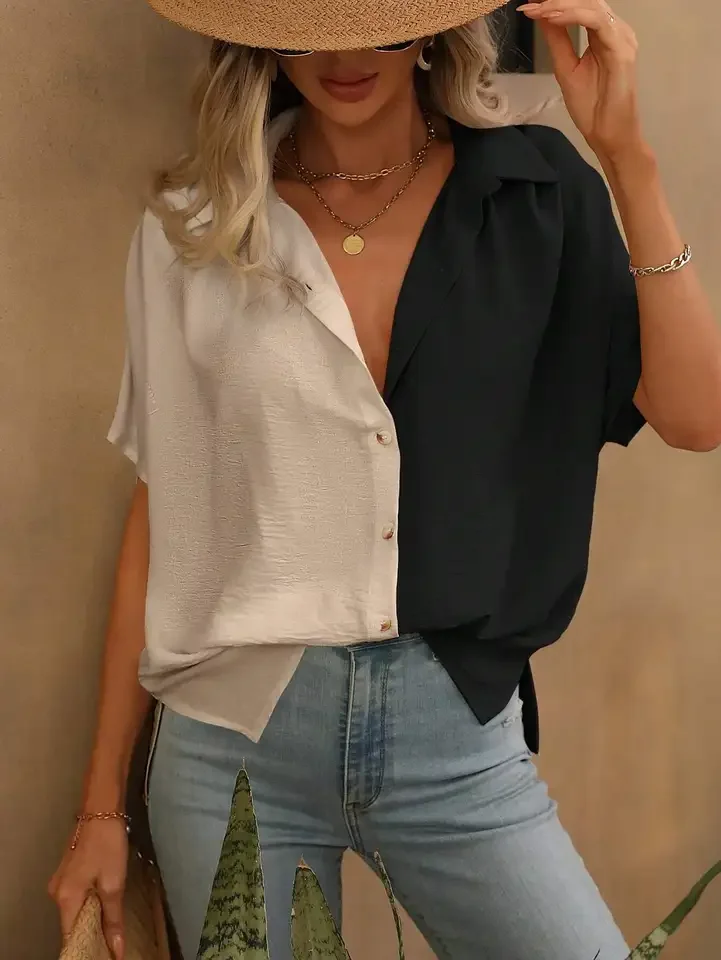 

Casual Contrast Color Patchwork Shirt Loose Lady Top Fashion Lapel Short Sleeved Single Breasted Side Split Shirt Women