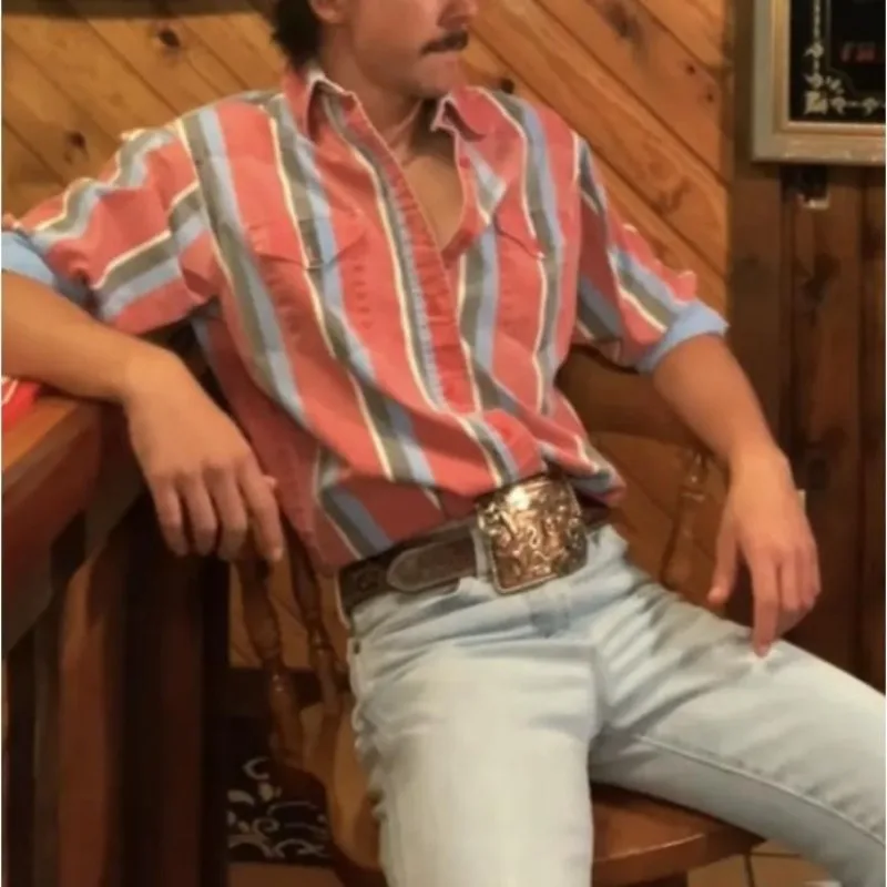 

Men's Retro Western Striped Shirt Casual Short Sleeve Button-Up Cowboy Style Shirt