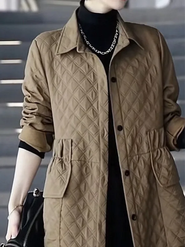 

Упрощенный дизайн, шелковая хлопковая куртка средней длины с ромбовидным узором, осенняя повседневная женская одежда, длинный свеч Po...