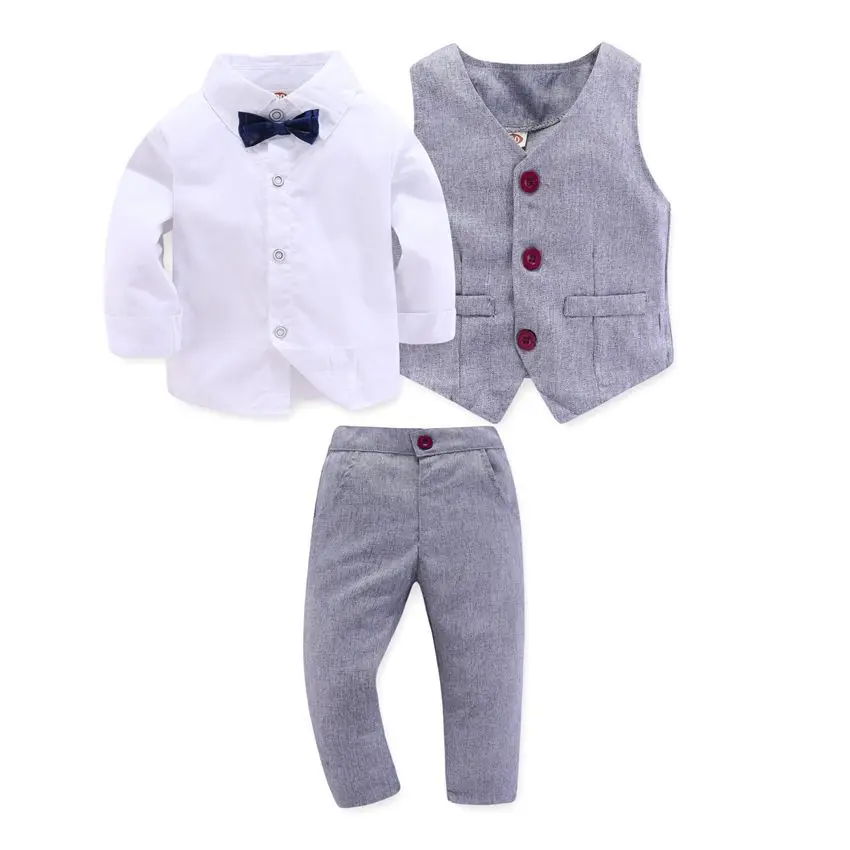 

Kid Boy Clothes Gentleman Grey Vest + Long-Sleeved White Pink Shirt + Pants Four-Piece Suits Infant Children Outfits