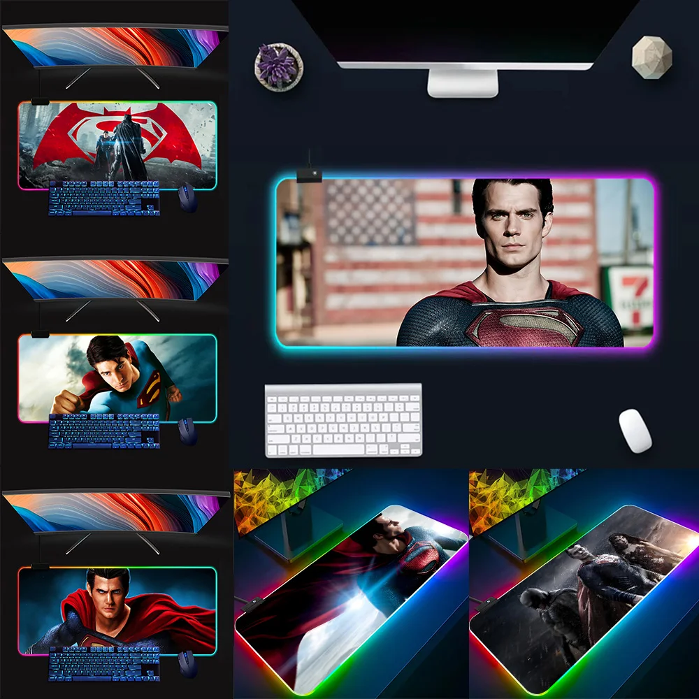 S-SupermanS Logo RGB Pc Gamer Keyboard Mouse Pad Mousepad LED Glowing Mouse Mats Rubber Gaming Computer Mausepad