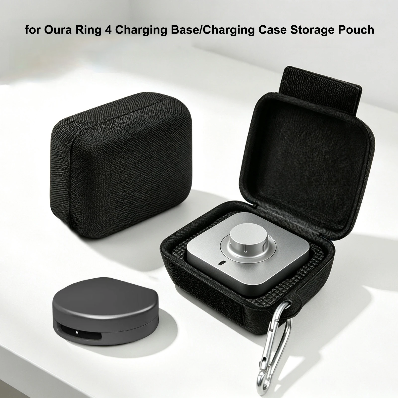 For Oura Ring 4 Charging Dock & Case Carry Pouch Hard Shell Shockproof Oxford Water-Repellent Durable Hook Portable Anti-Scratch