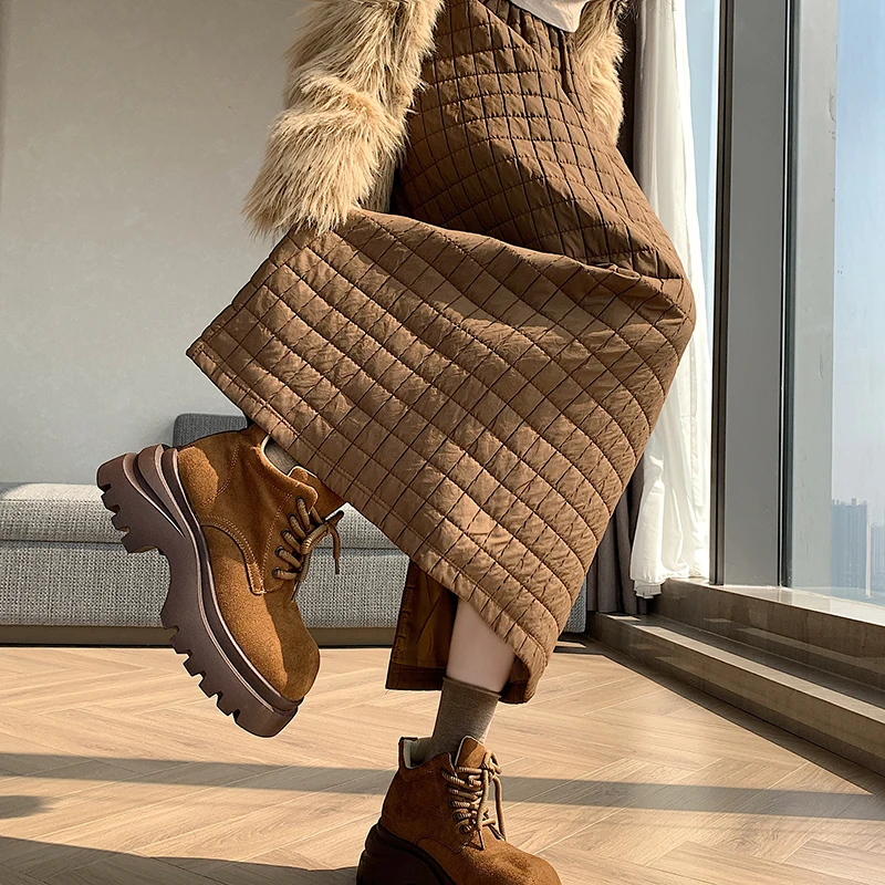 

Retro Coffee Color Warm Cotton Diamond id f Skirt Women's Autumn Winter New High Waist Slim A-Line Ba Split Straight S...