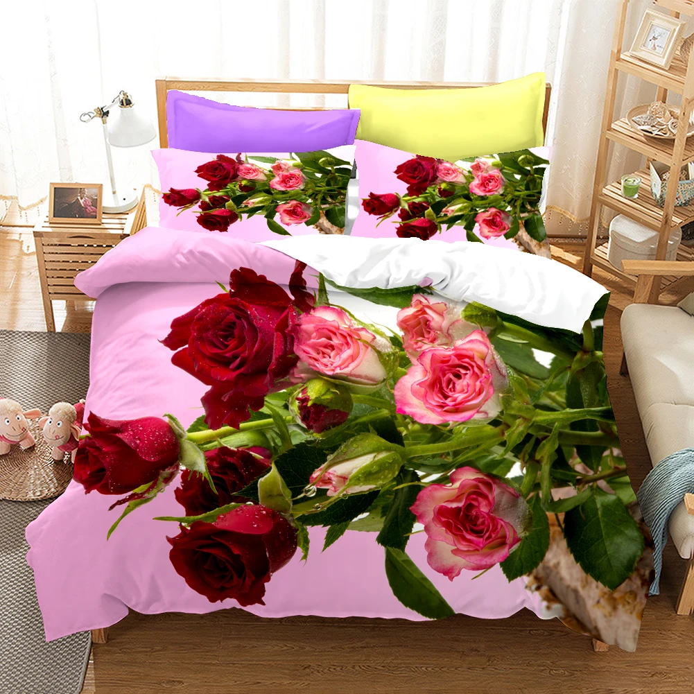 

3D Printed Twin/Full/Queen/King Size 3D Rose Themed Duvet Cover Bedding Set with Pillowcase, Bed Linen