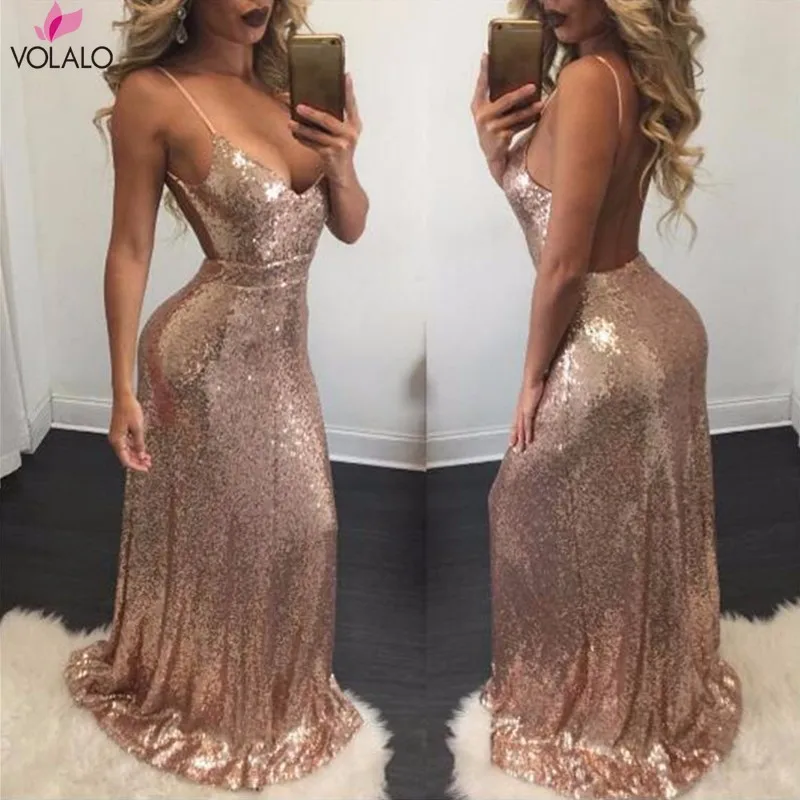 

Sequined Shine Night Party Dress Sexy Women Gold Sequin Long Dresses Floor Length Backless Maxi Christmas Dress Vestido De Festa