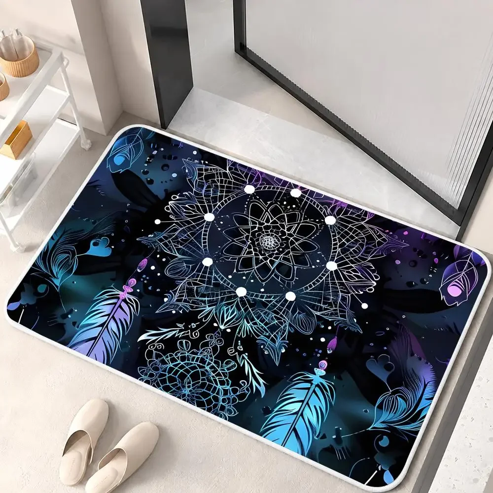 Psychedelic Dreamcatcher Moon Feather Floor Mat Flannel Rug Non Slip Absorbent Soft Washable For Entryway Bathroom Kitchen Decor