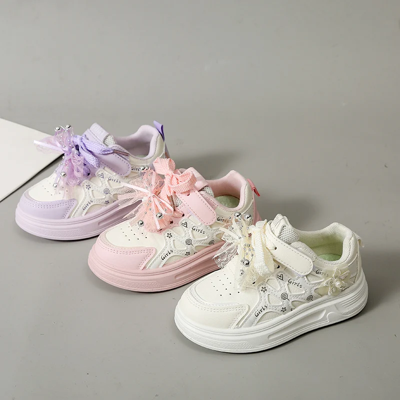 Toddler Girls Princess Lace Bow Casual Sneakers, Spring Autumn Pearl Decor Hook and Loop Kids Skate Shoes, White Pink
