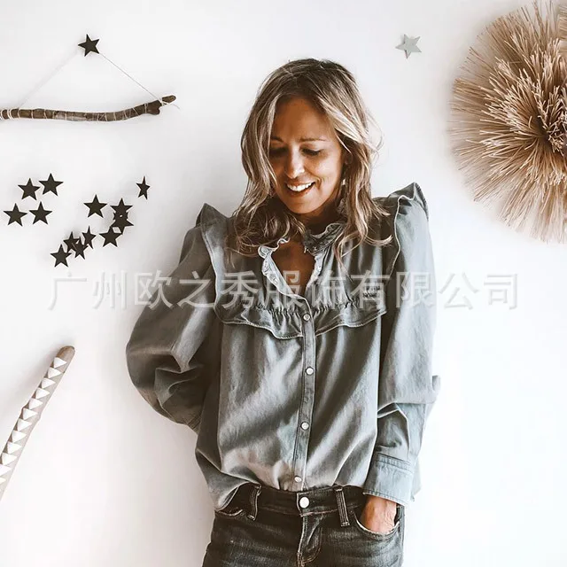 2025 Camicia di jeans con colletto per bambola primavera autunno 2025 Abbigliamento da donna europeo e americano a maniche lunghe casual allentato in tinta unita