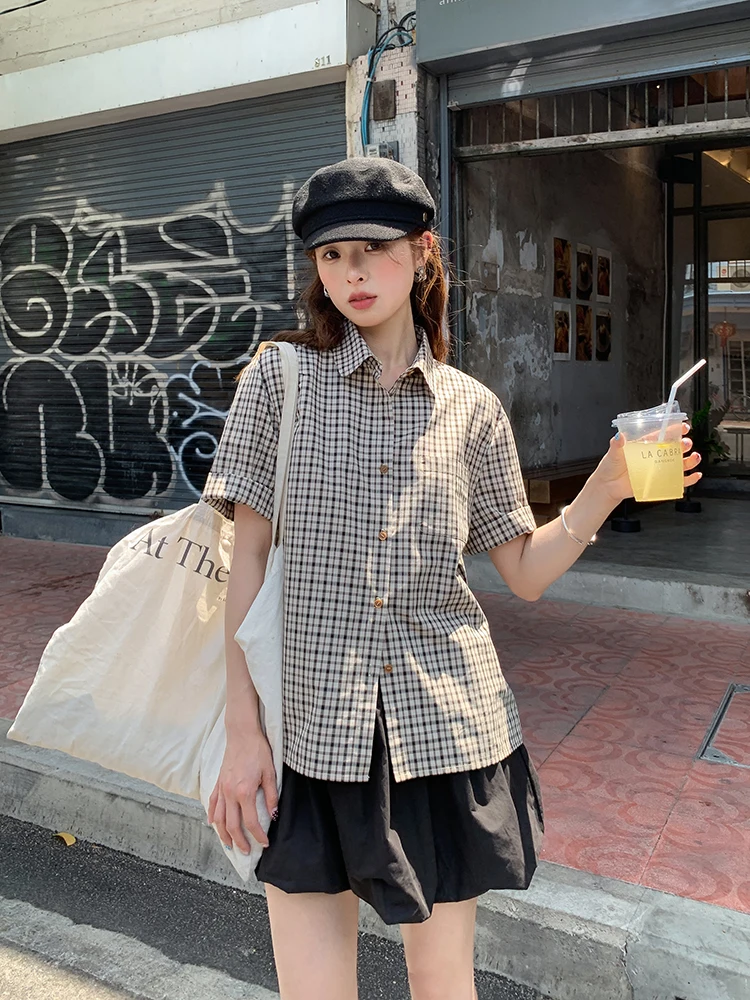 

Ретро-рубашка женская премиум-класса в клетку с коротким рукавом, приталенный крой, летний дизайн, 100% хлопок, для женщин