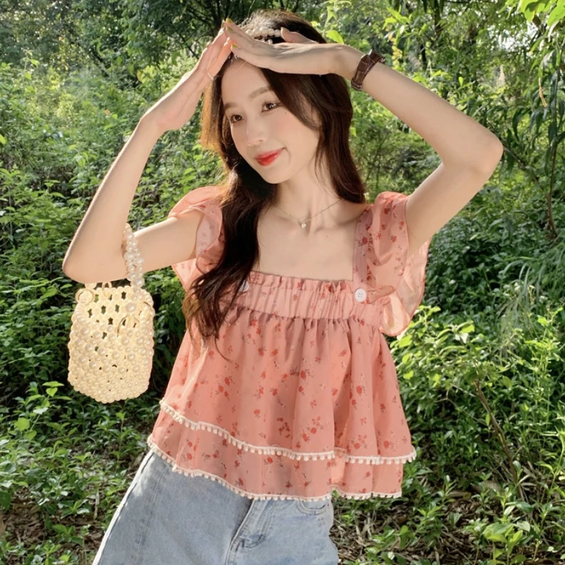 Blouses Women Floral Sweet Gentle Slim French Style Square Collar Tops All-match Fashion Tender Streetwear Aesthetic Clothing