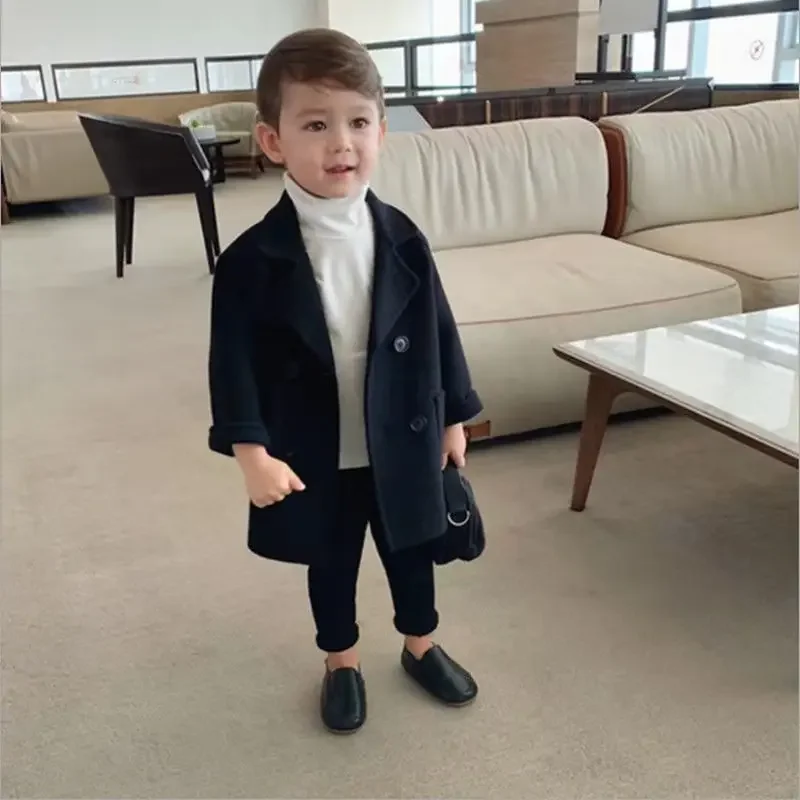 

Spring Autumn 2025 Boys Jackets Child Girl Woolen Double-breasted Baby Trench Coat Lapel Kids Outerwear Winter Wool Overcoat