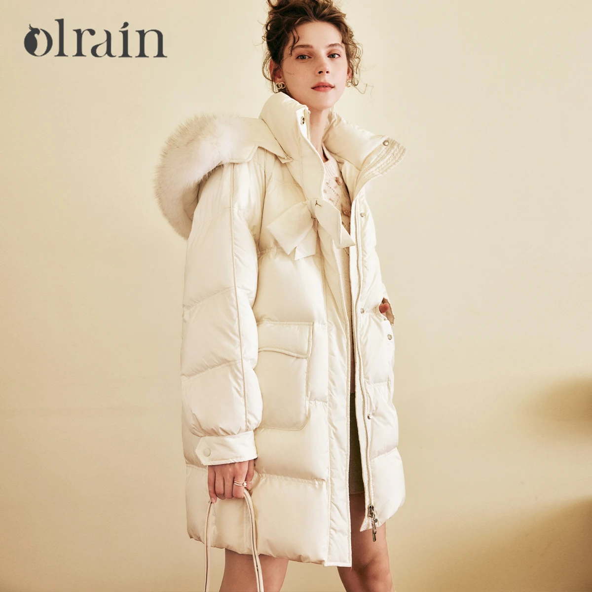 

OLrain Sweet Hooded Down Jacket Women's Winter 2025 New French Long Down Jacket Solid Bow Design Loose Warm Coats O22DY59033