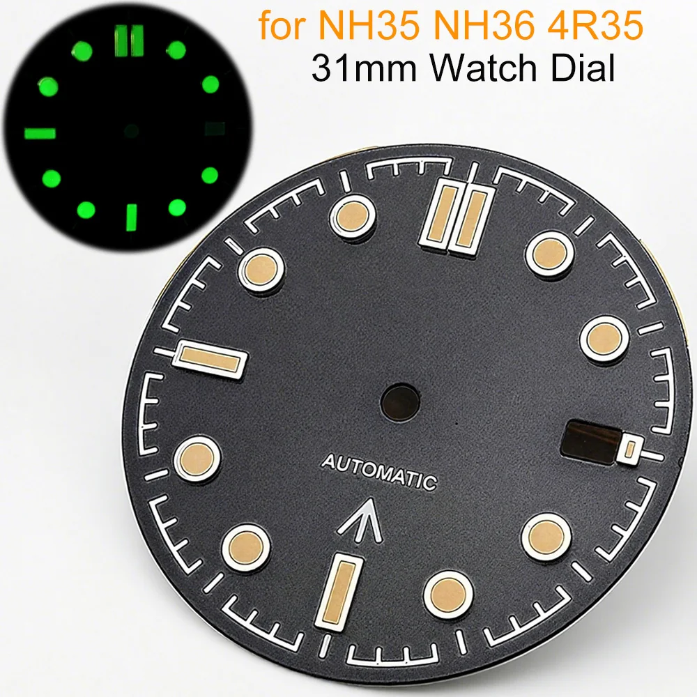 

31mm Watch Dial with Green Luminous Fit for NH35 NH36 Movement Single Calendar Watch Faces Replacement Black Dial for SKX007