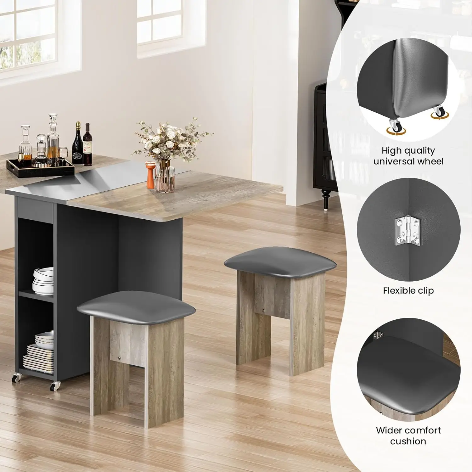 Folding Dining Table Set for 4, Dinner Table with 4 Leather Chairs and Shelves, Space Saving Foldable Dining Table with 6 Wheels image 5