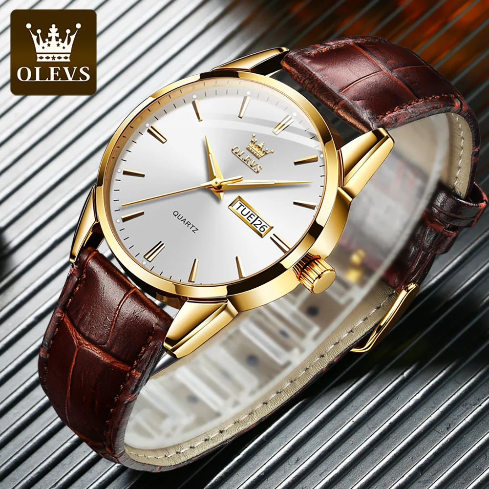 OLEVS Top Brand Quartz Watch for Men 6898 Leather Strap Waterproof Wristwatch Date Week Display Popular Casual Dress Men Watch