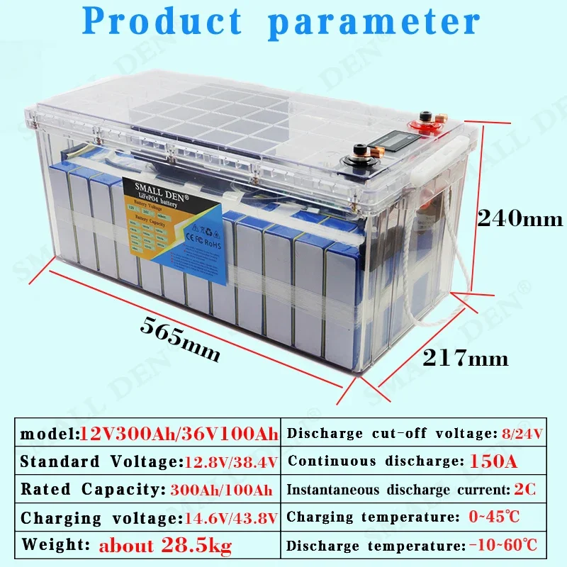 Batteria 12V 300Ah 36V 100Ah LiFePO4 4S/12S 150A balanced BMS 2000W/5800W per EV RV E-Boat Off road golf cart Inverter Solar