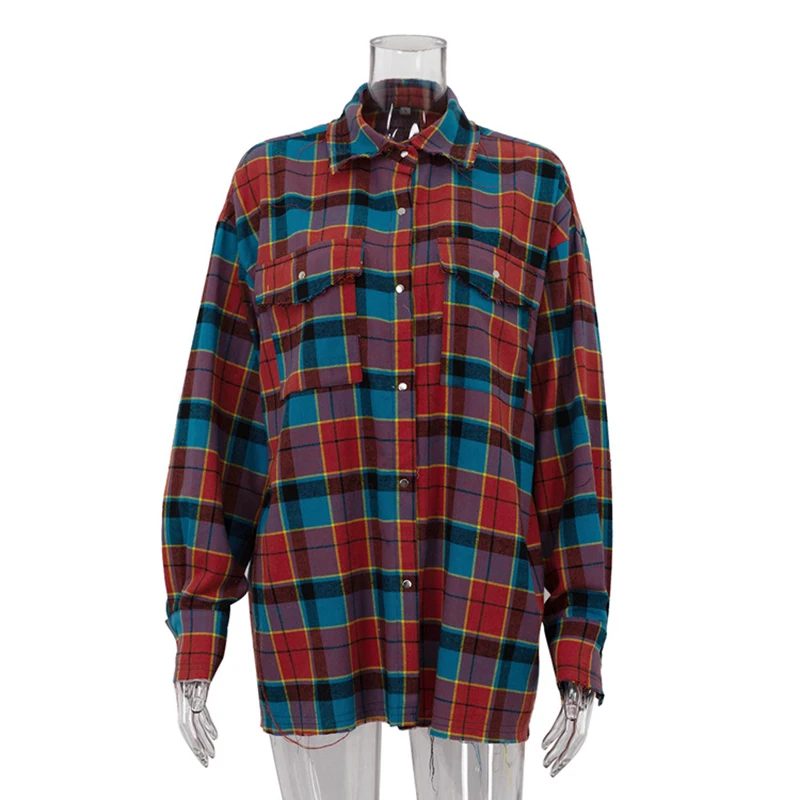 Women\'s Vintage Casual Loose Oversized Shirt Tops For Women Single Breasted Blouse Casual Female Checked Plaid Clothes