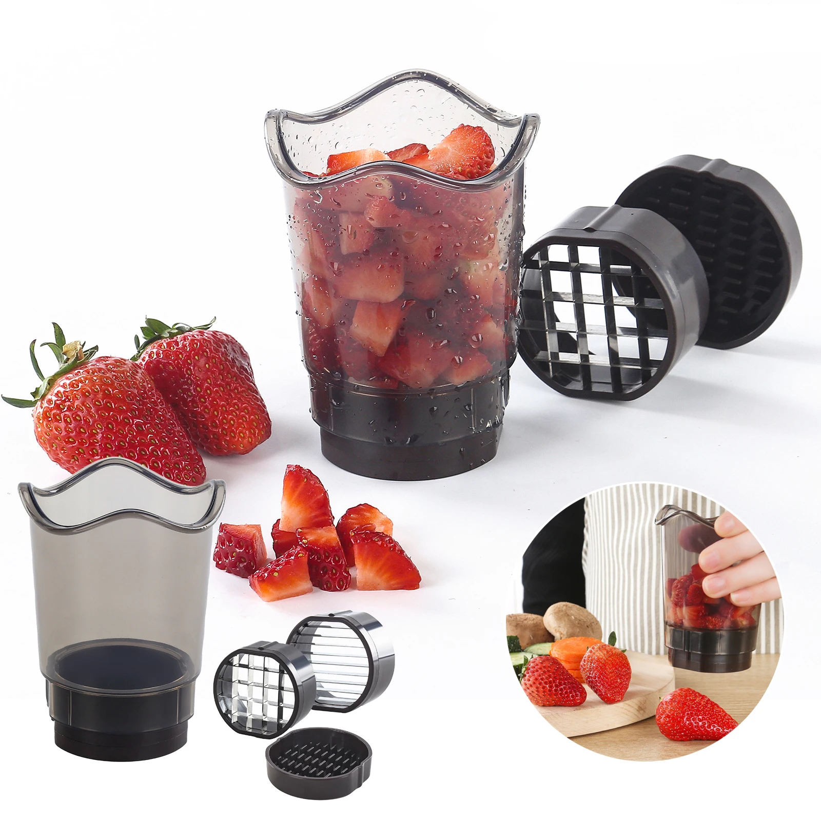 Hochwertige Küchenschneideausrüstung mit Becher zum Schneiden von Obst, Gemüse, Erdbeeren, Bananen als Kitchen Essential