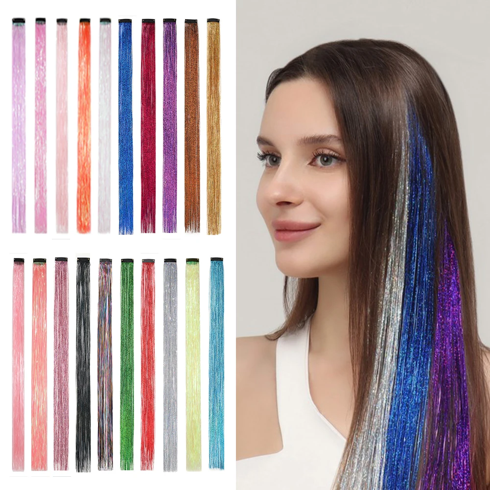 

Clip in Hair Tinsel Synthetic 22 Inch Colorfull Tinsel Hair Extensions 5Pcs/Pack for Women Girls Party Christmas New Year Gift