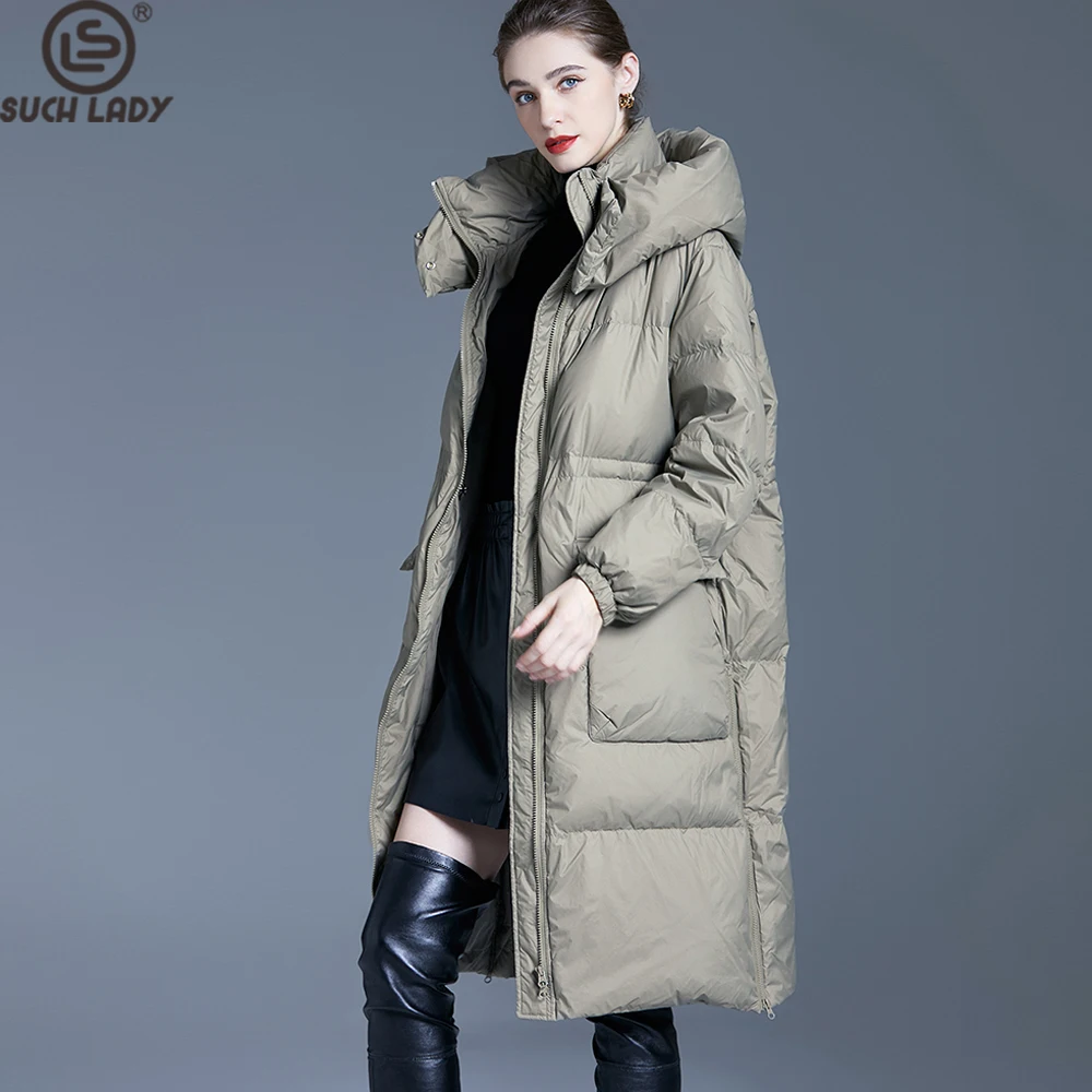 

Women's Extra Long Hooded Puffer Coat, Olive Green Quilted Down Jacket with Zip Closure & Front Pockets, Winter Warm Parka