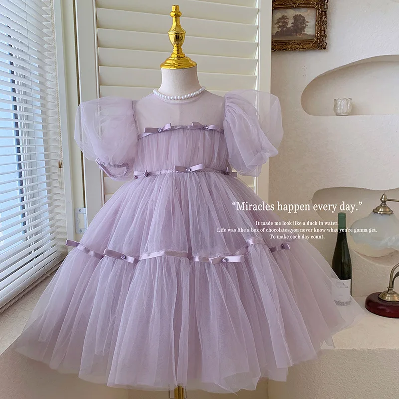 Kids Brand Luxury Children's Princess Party Dresses Girl Wedding Birthday 2 3 To 8 10 12 Years Girls Puffy Lilac Dress Costumes