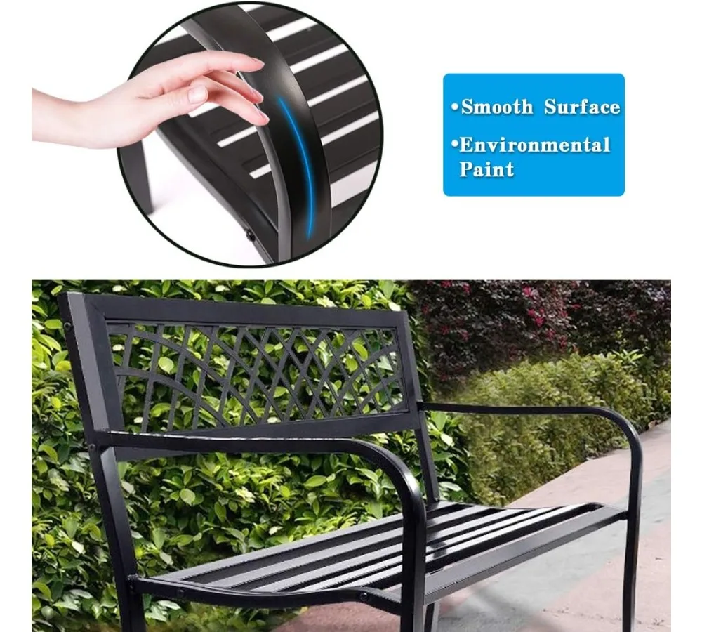 مقعد حديقة معدني قوي مع مسند ظهر بلاستيكي، أثاث فناء خارجي لمدخل الشرفة في الفناء، أسود #5
