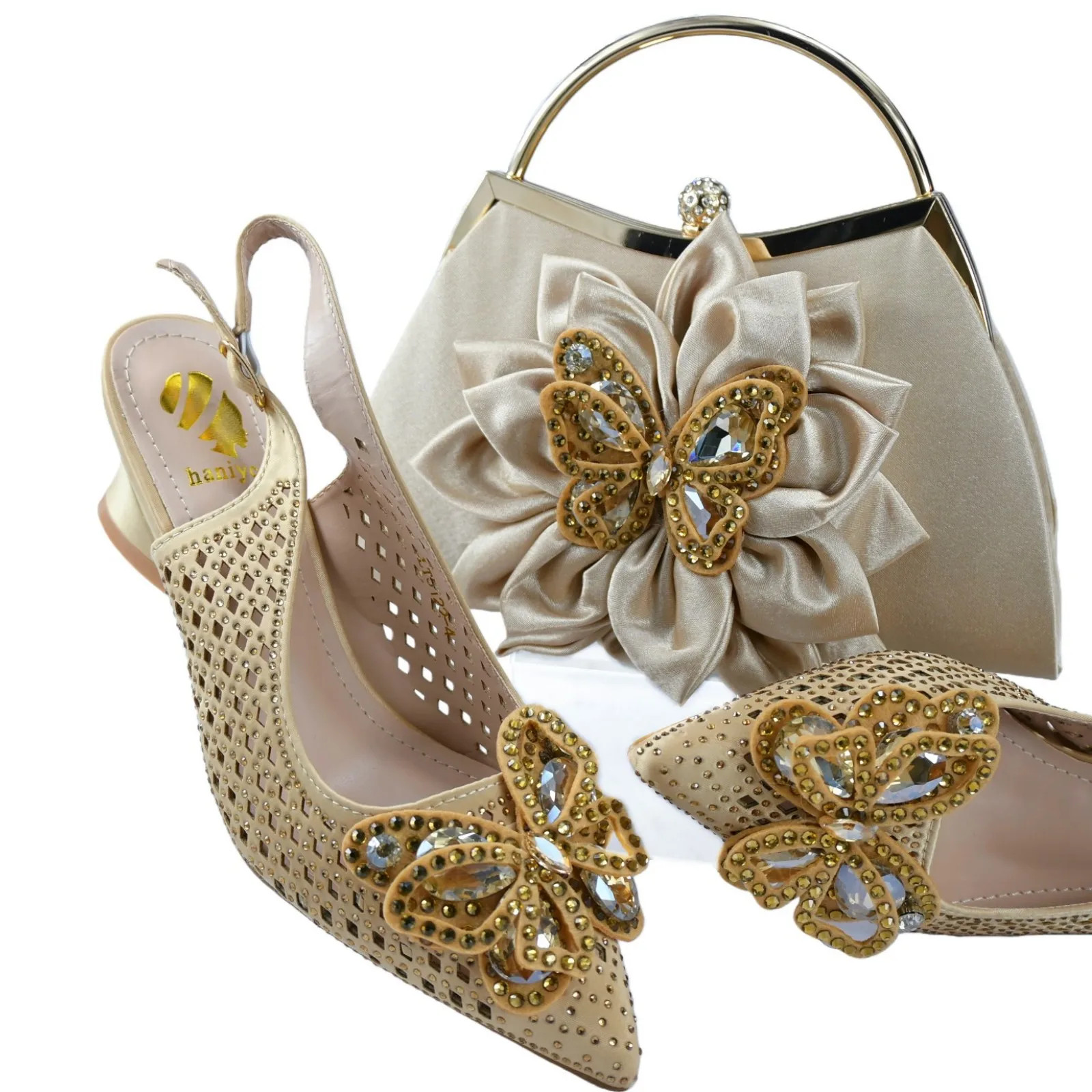 

Nigeria PU With Crystal Party Woman Shoes And Bag Set New Gold Color High Heels 6CM Shoes And Bag To Match Set For Wedding