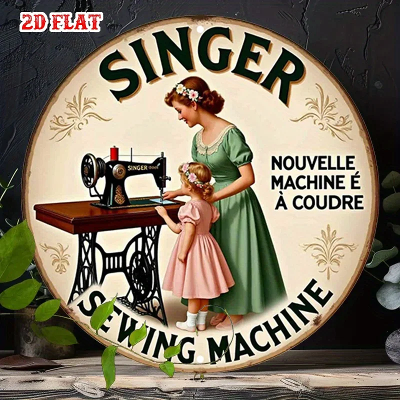 Panneau métallique plat 2D pour Machine à coudre Vintage, 1 pièce, décor mural rond en aluminium d'art rétro avec Design «SINGER», maison rustique et Wor