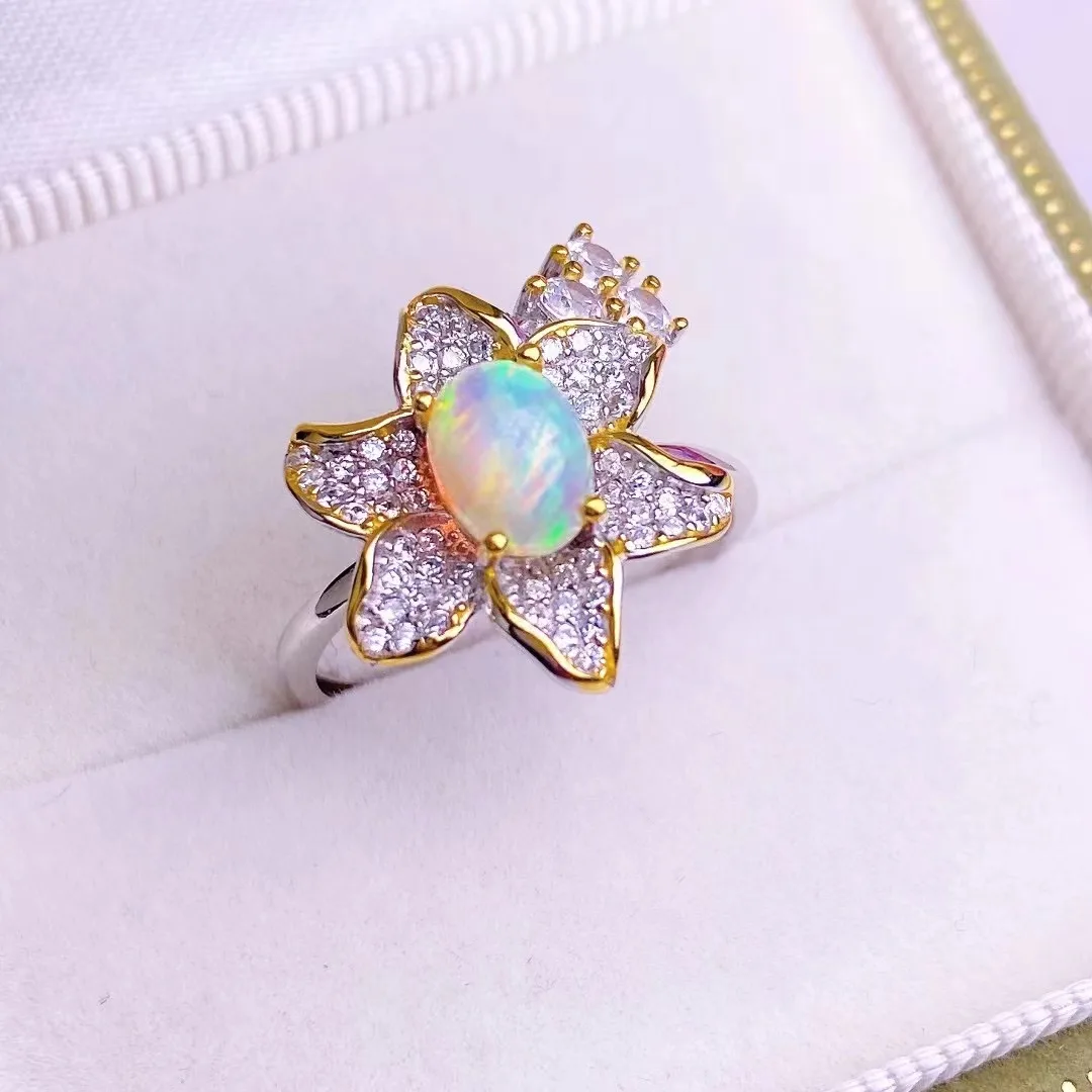 Ladies rings 925 Opal Ring with 5x7mm Main Stone, Adjustable Band - Elegant Jewelry Collection