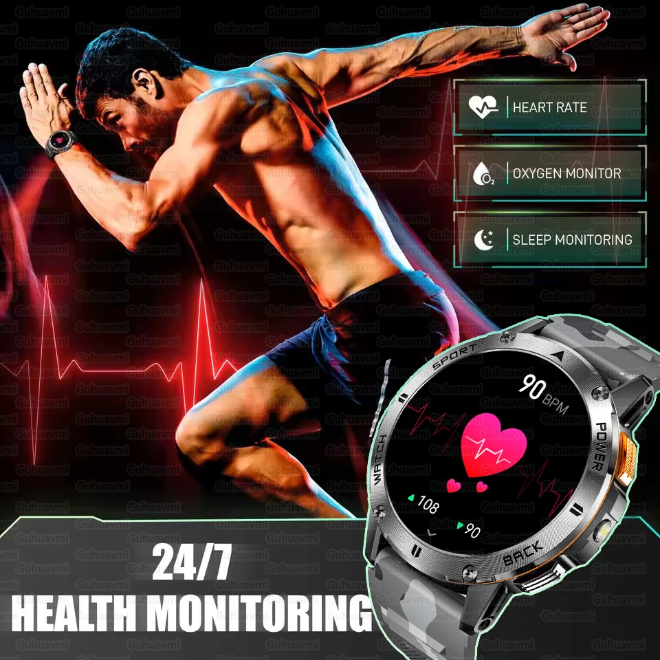 NEW Flashlight Outdoor Sports Smart Watch Men Heart Rate Blood Oxygen Monitor Compass AI Voice Assistant BT Call 400mAh Watches