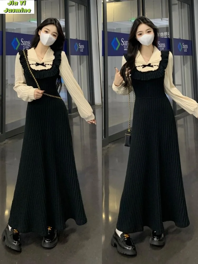 

Women's Autumn and Winter French Splicing Fake 2-piece Temperament Dress Looks Slim and Is Paired with a Small Black Long Skirt