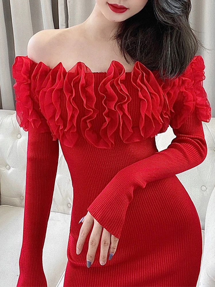 Spring Autumn High Quality Knitted Dress Women Chic Sexy Off Collar Ruffles Long Sleeve Stretchy Bodycon Dresses Bottoming 39907