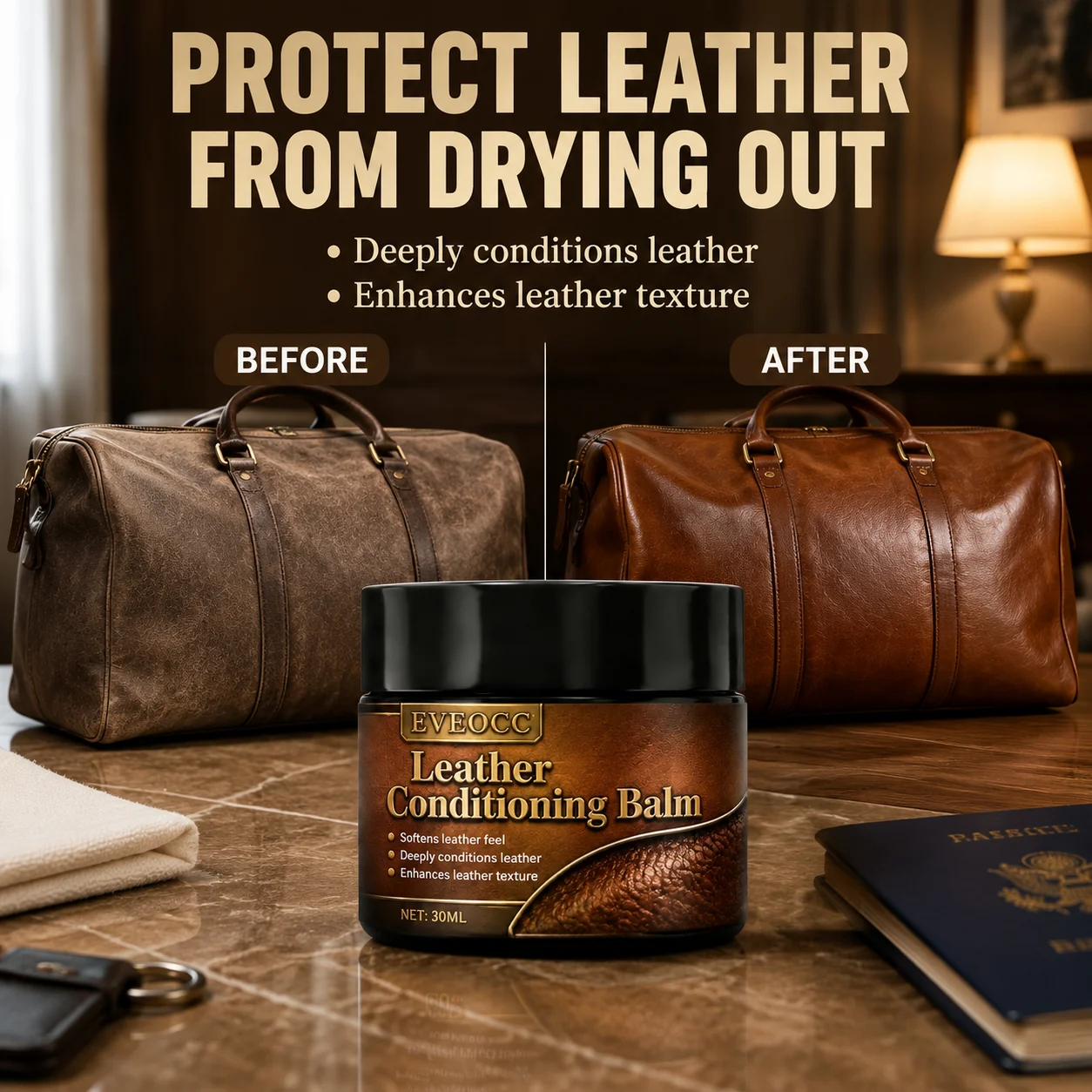EVEOCC Leather Care Conditioning Balm, Softens Leather Feel Deeply Conditions Enhances Leather Texture for Auto Seats