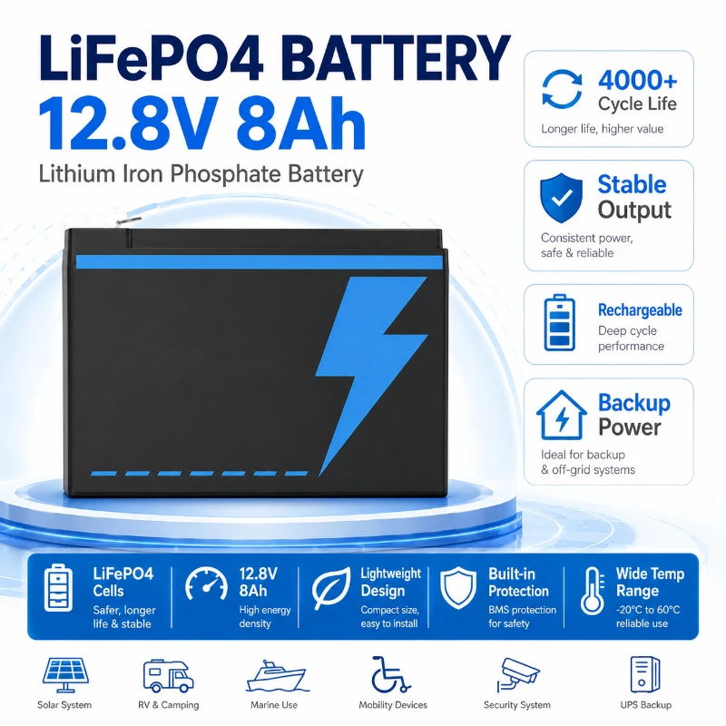 12.8V 8Ah LiFePO4 Deep Cycle Lithium Battery 4000 Cycles High Efficiency Solar RV UPS Backup Power Storage LiFePO4 Battery Pack