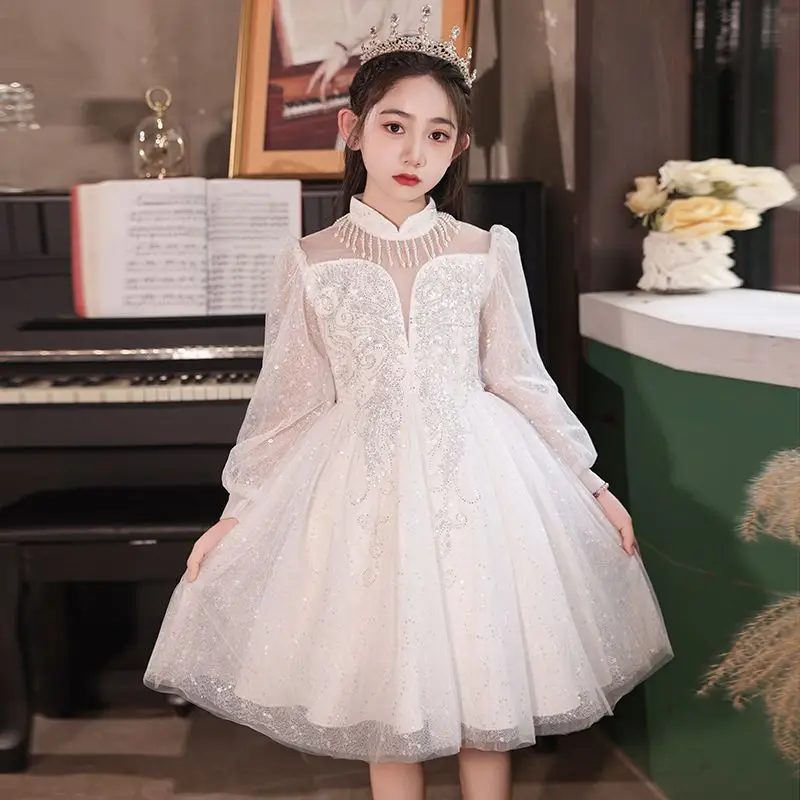 Girl's Long Sleeve Dress Fashion Elegant Princess Dress Girl Birthday Banquet Children's Gauze Performance Costume High-End Gift