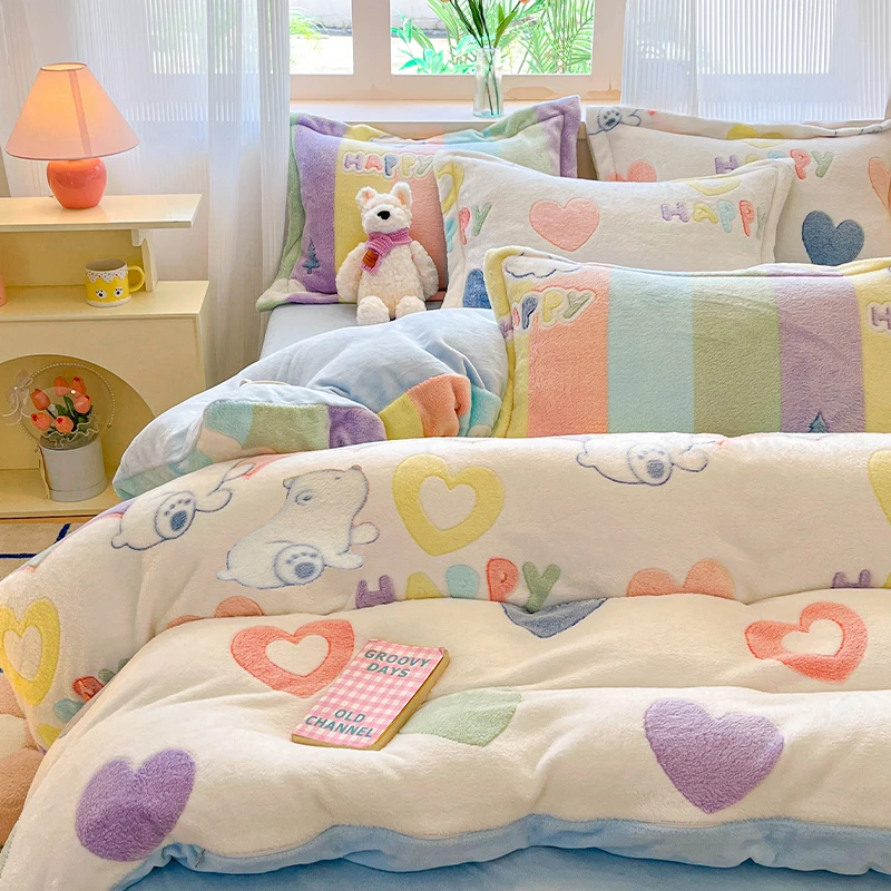 Winter Flannel Pink Heart Duvet Cover Animals Bear Soft Warm Keep Warm Bed Quilt Covers Milk Velvet Queen King Bed Home Textiles