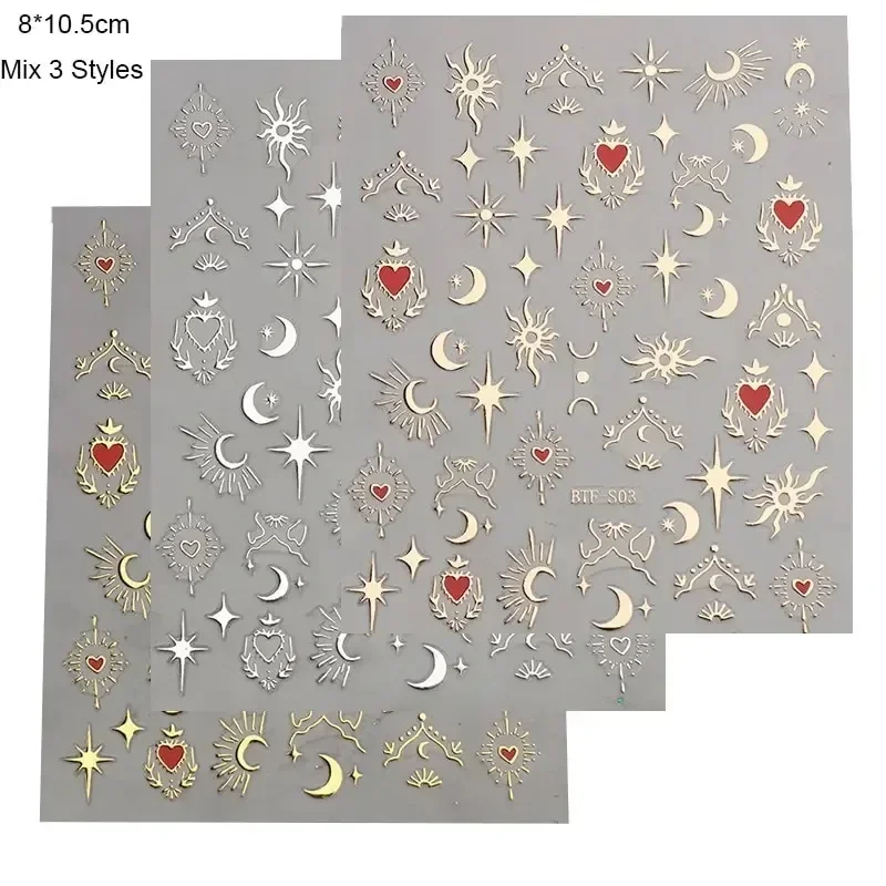 3 sheets1 pack ，3D stickers, nails, silver, rose gold, laser butterfly, moon, sun glue slider, DIY nail art stickers accessories