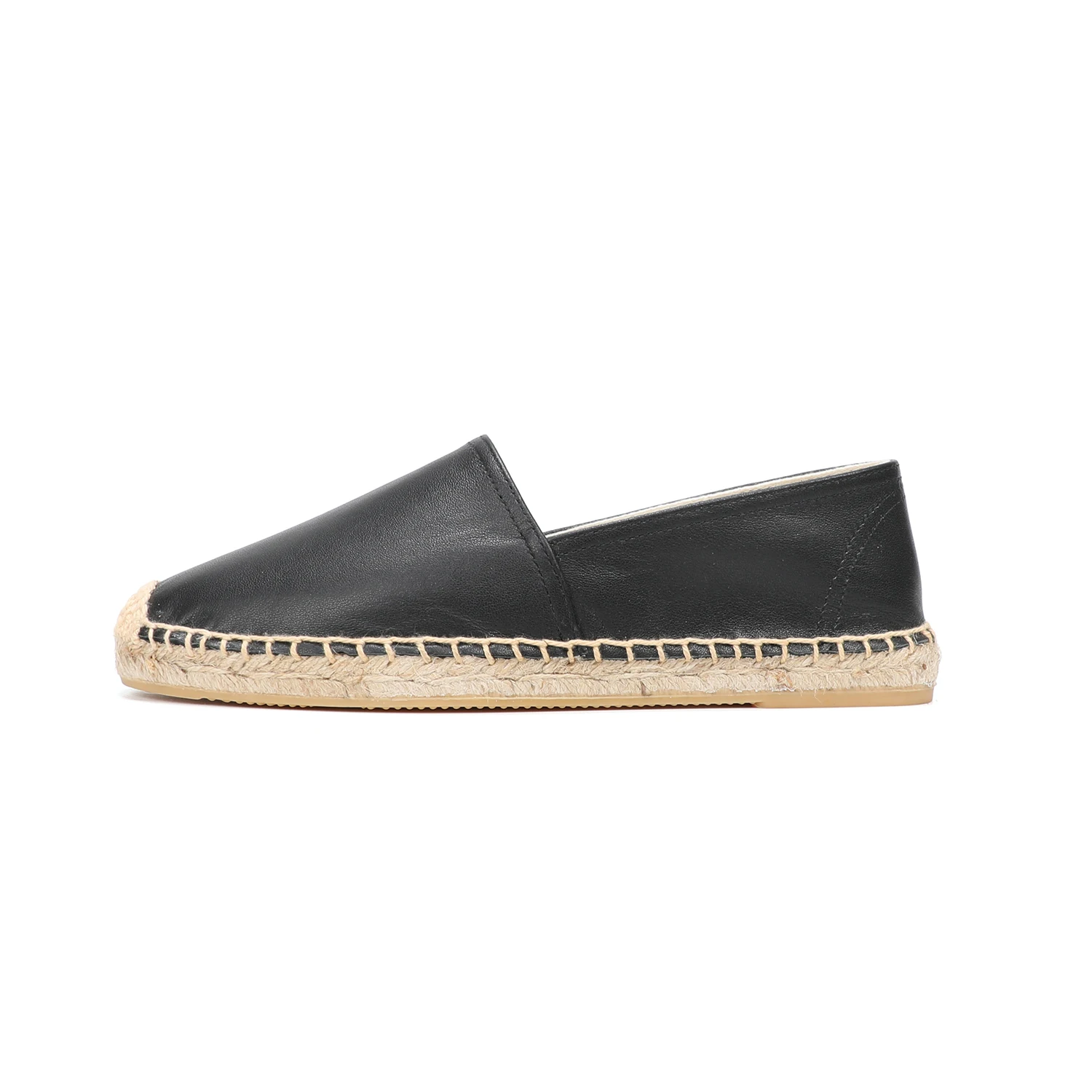 Casual Espadrilles Flat Cow Leather Shoe for Women Slip-on Rubber Ballet Flats