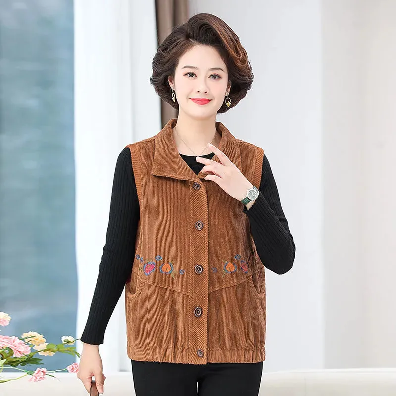 

Women's Cotton Corduroy Vest Outwear Mother 2023 Spring Autumn Waistcoat Jacket Tops New Fashion Embroidered Vests Coat Female