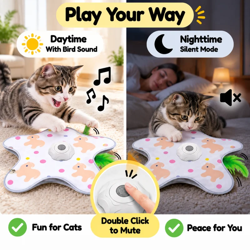 Interactive Hide and Seek Cat Toy Adjustable Sound Quiet Mode Touch Activated Moving Feather Hunting Toy Self Play Indoor Cats
