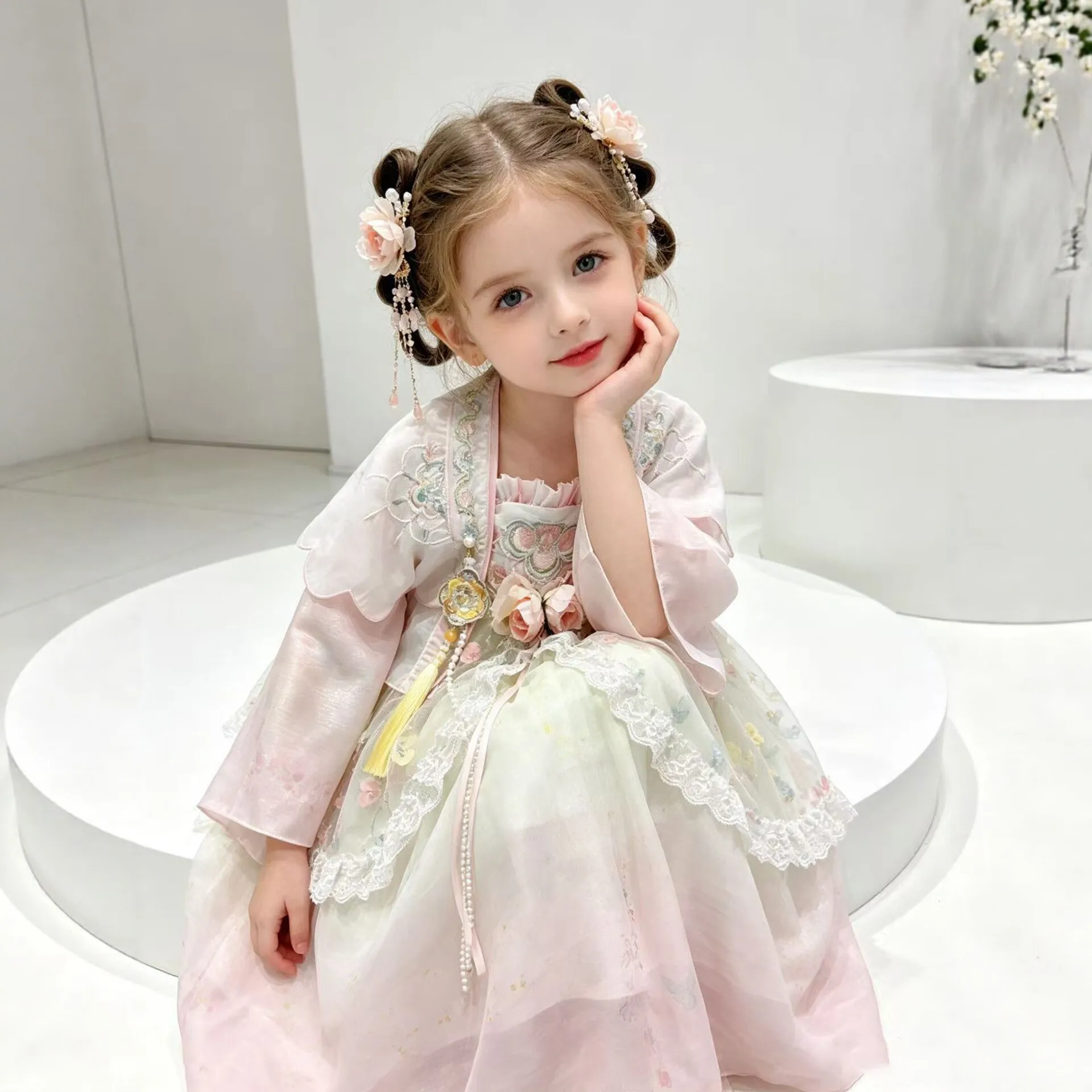 Girls Hanfu Fairy Princess Dress Summer New Children's Chinese Style Tang Clothing Flower Fringed Hair Accessories Set