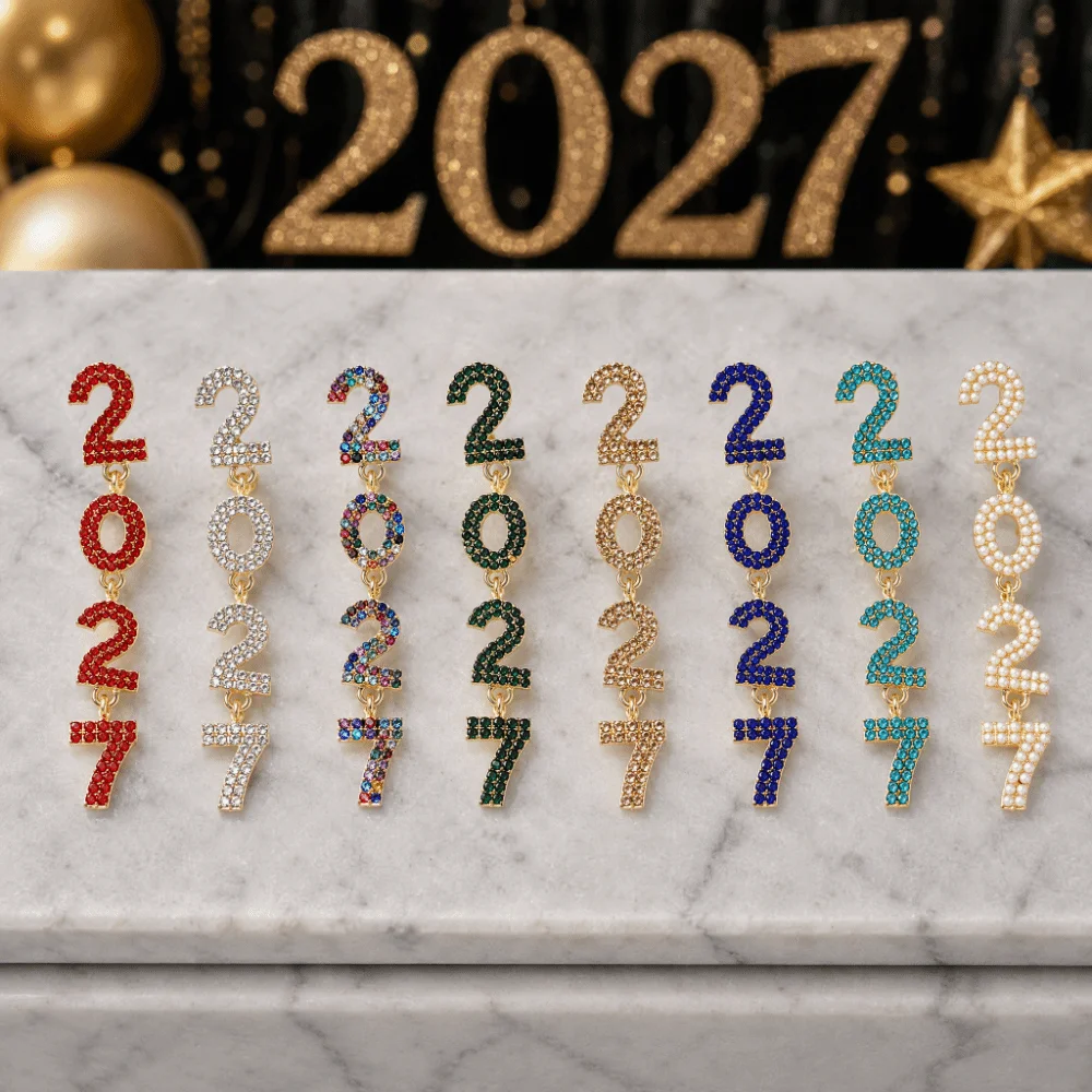 Pearl 2027 Digital Earrings Zircon Colorful Happy New Year Earrings Rhinestone Long Drop Christmas Stud Earrings New Year Party