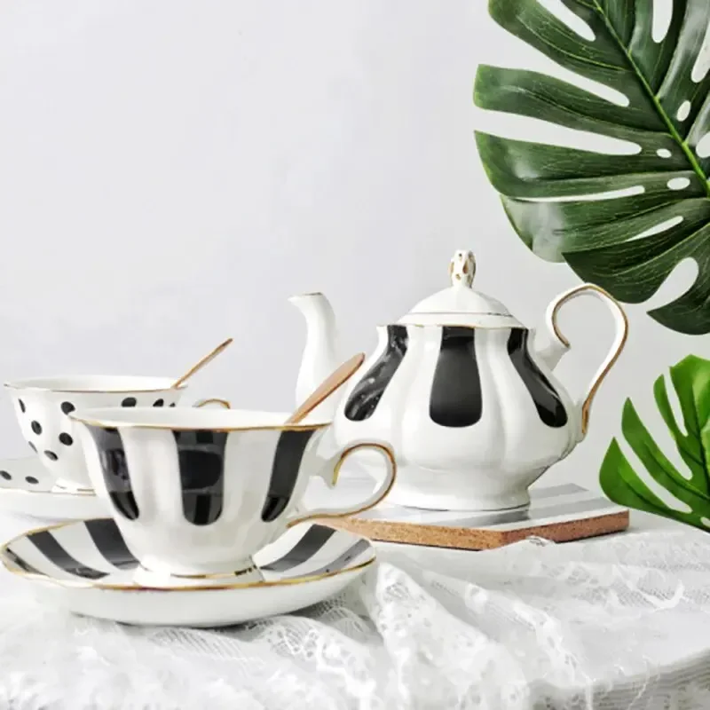 Ceramic Coffee Cup Afternoon Tea Drinkware Set Golden Milk Mug Kettle Black Polka-dot Striped Teapot Dessert Dish