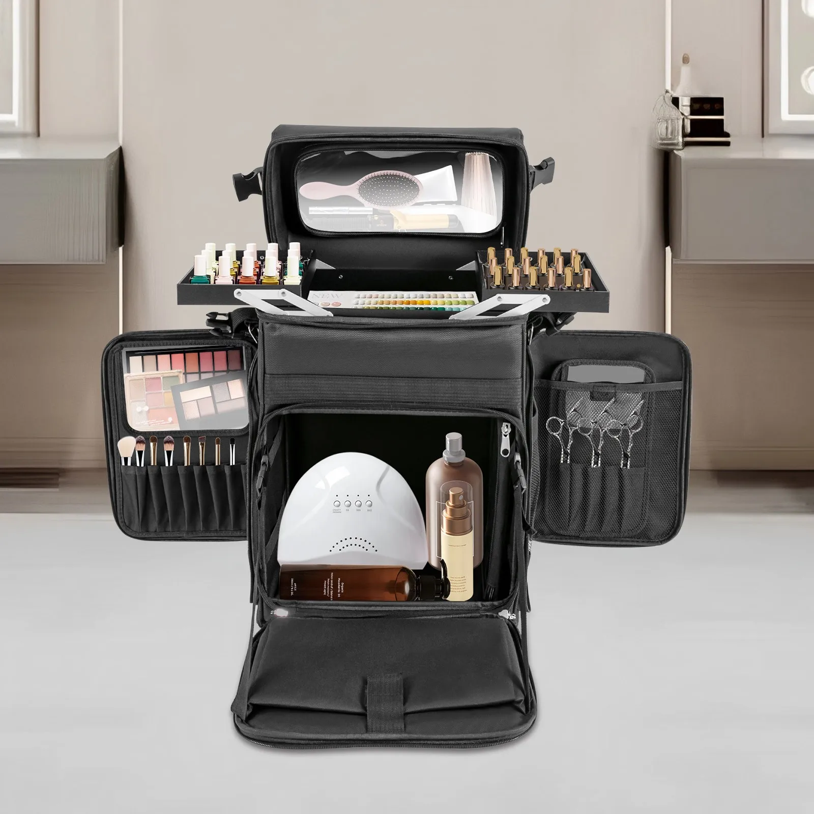 

Travel Makeup Trolley with Multi Compartments Professional Rolling Cosmetic Case
