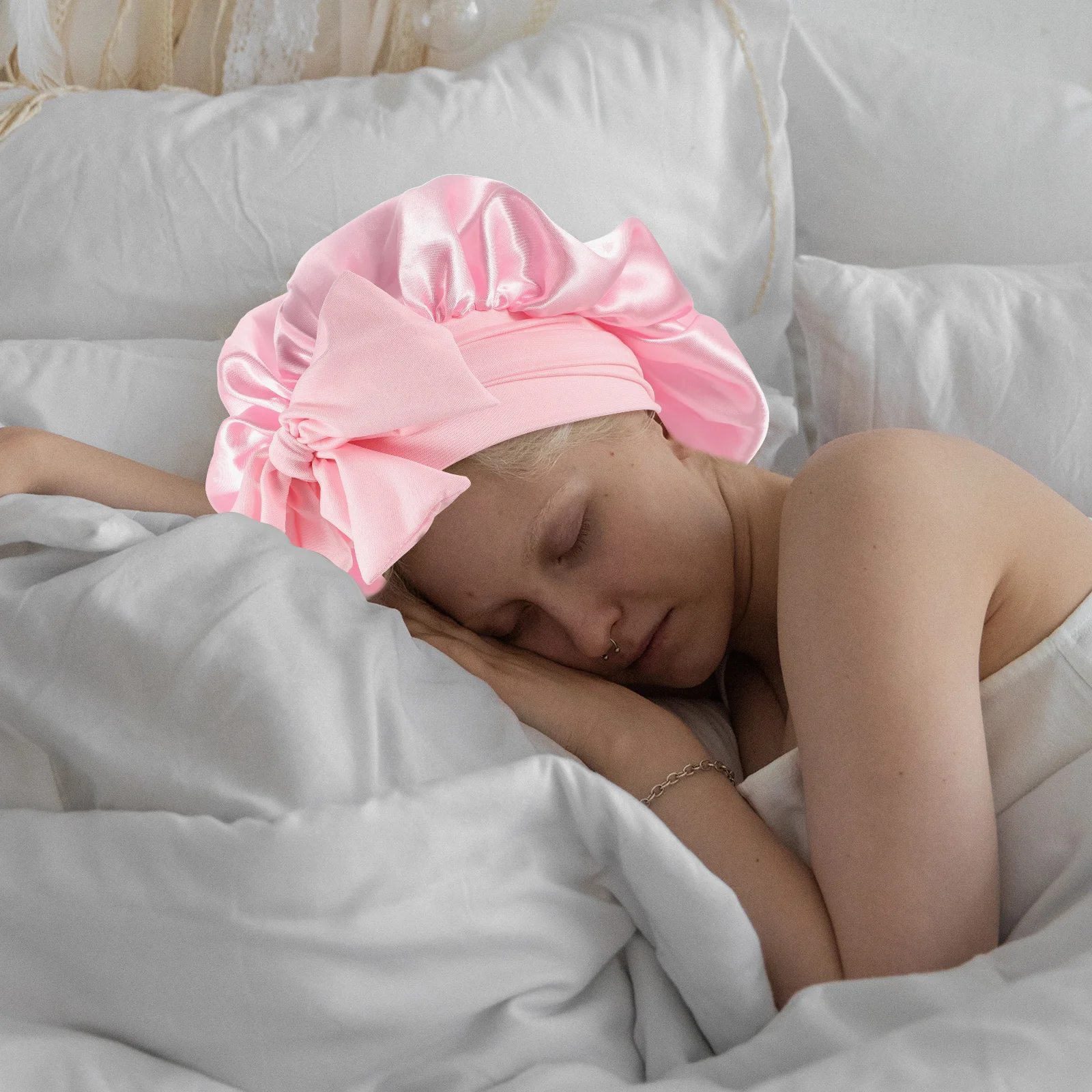 

Women Sleeping Hat Satin Bow Bonnet Soft Reusable for Long Curly Hair Big Size Sleep Bath Face Care Portable Hair