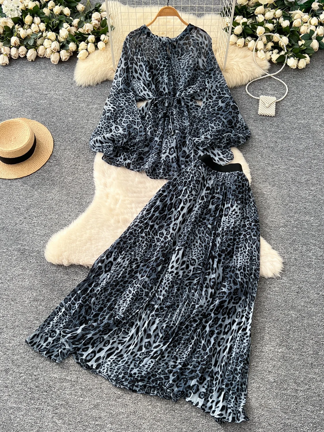 Autunno da donna Faion con cintura Lanterna Sve Stampa leopardata Top a vita alta Gonna a pieghe Set Abbigliamento da lavoro casual francese Sle