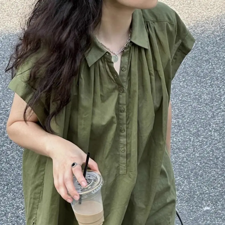 여성용 하이 엔드 플리츠 스몰 플라이 슬리브 셔츠, 레이지 스타일 반팔, 루즈 슬리밍 배꼽 커버 캐주얼 탑, 여름 신상 