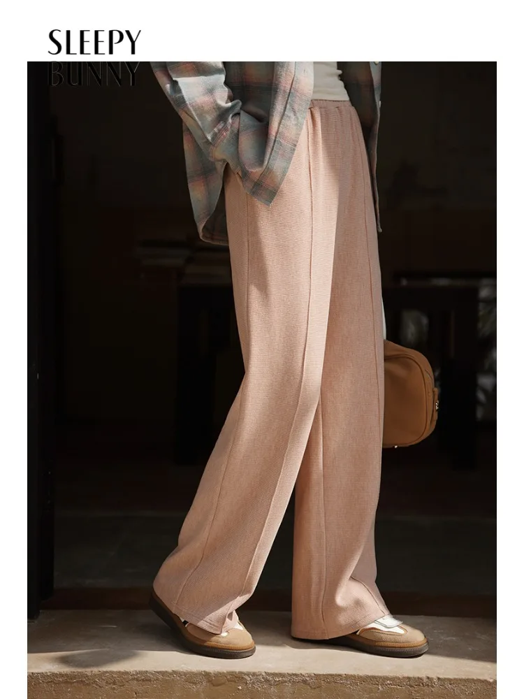 

Elegant Beige Wide Leg Pants Women Winter Knit Straight Trousers Loose High Waist Comfy Casual Slacks for Office or Daily Wear