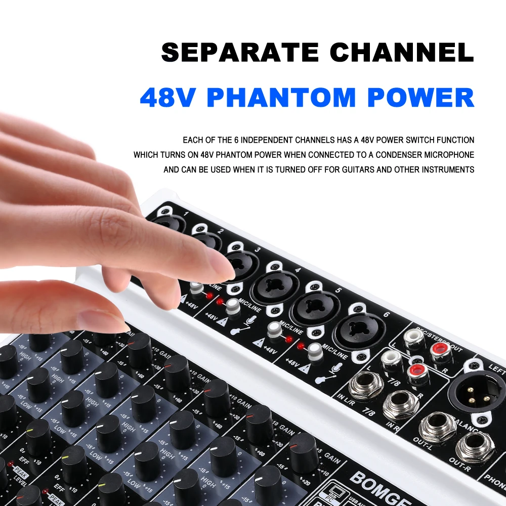 BOMGE 8 channel mini audio mixer  Line Mixer ，DC 5V，Bluetooth,48V ,24DSP  effects  for Small Clubs or Bars, Studio Recording