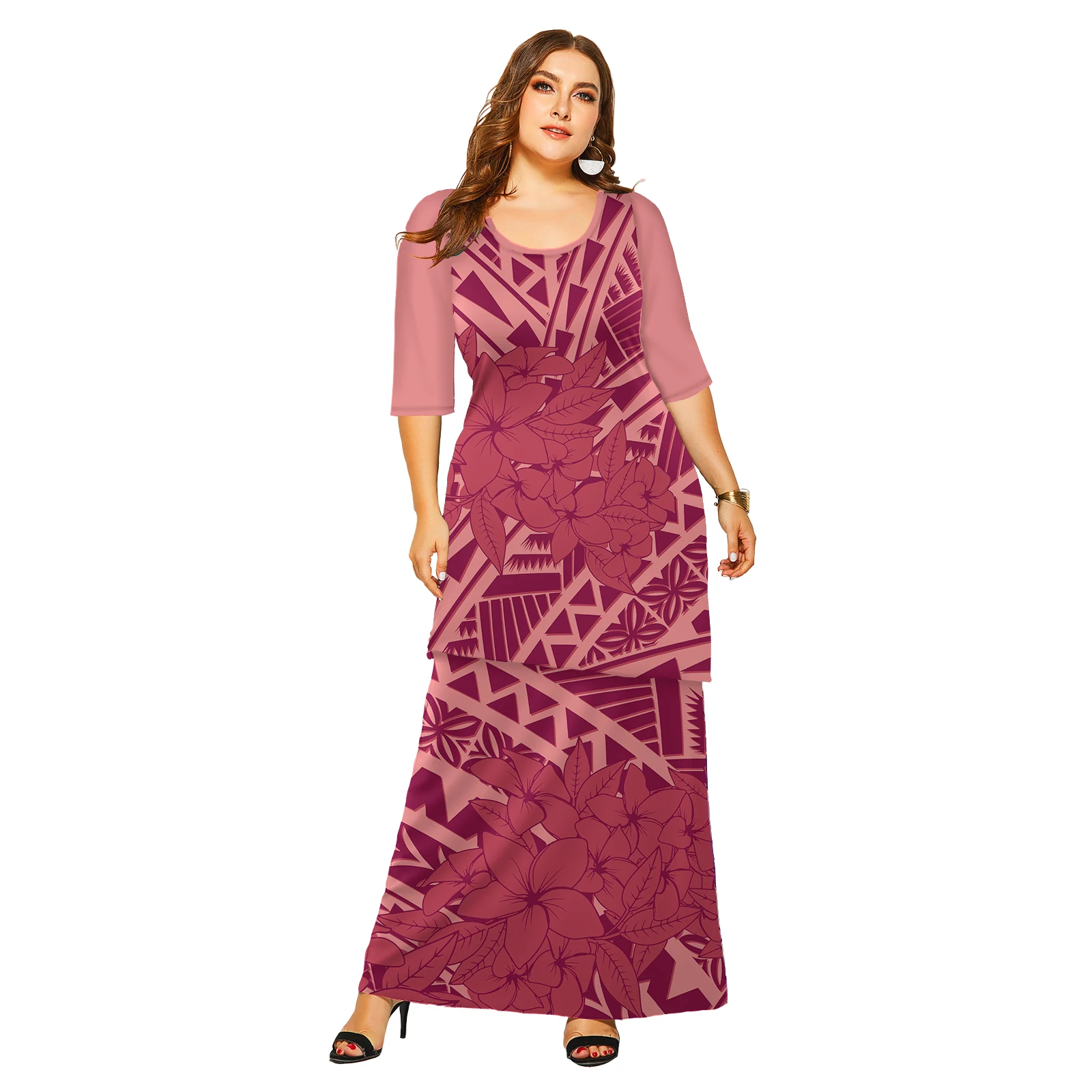 Custom Polynesian Tropical Flower Plus Size Women's 2 Pieces   Set Dress Polynesia Samoa Tattoo Loose Club Dresses Puletasi